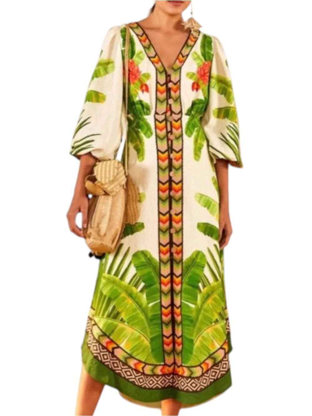 NWT FARM Rio Fresh Forest Tropical Floral Balloon Sleeve Linen Dress Size S - Picture 4 of 13
